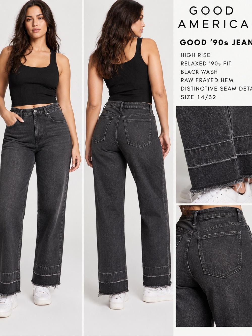 NWT Good American Good 90s Jeans 14/32 Black Raw Hem